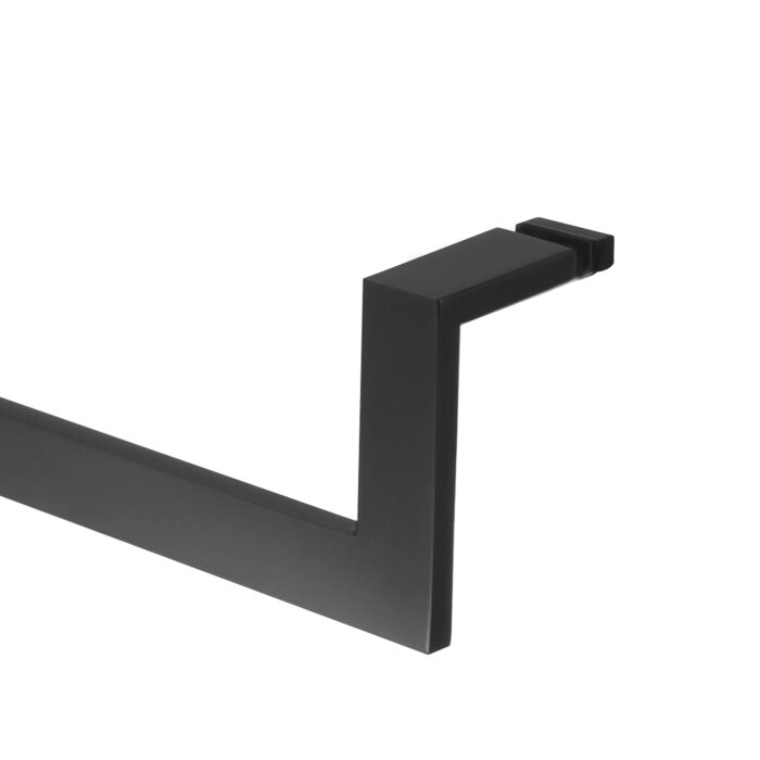 A matte black handle end with a unique L angle shape.