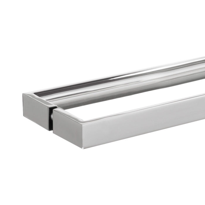 Back to back mounted glass door handles finished in polished stainless steel.