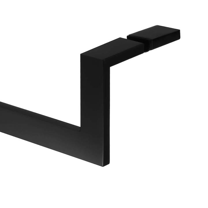 A matte black glass door handle mounted back to back with a pull.