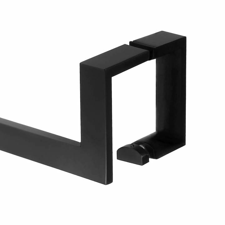 Matte black glass door handles with a unique U shape.
