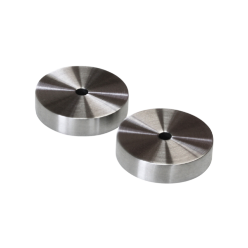 Two round brushed stainless steel backplates for door handle installation