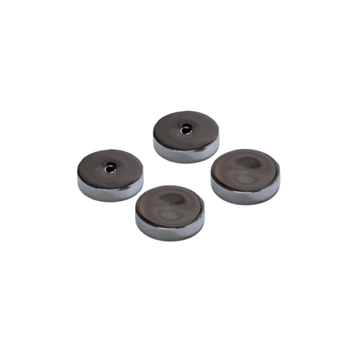 Four round polished stainless steel backplates for a single glass door handle