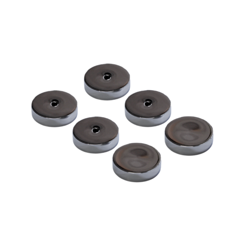 Six round polished stainless steel backplates for a glass door handle and towel bar kit