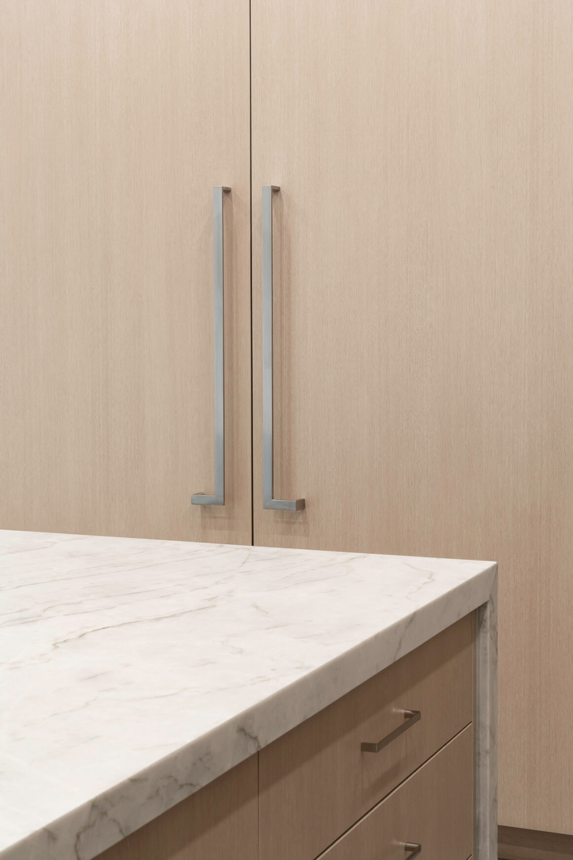 Modern stainless steel appliance door handles Modern stainless steel appliance door handles mounted on rift white oak doors.