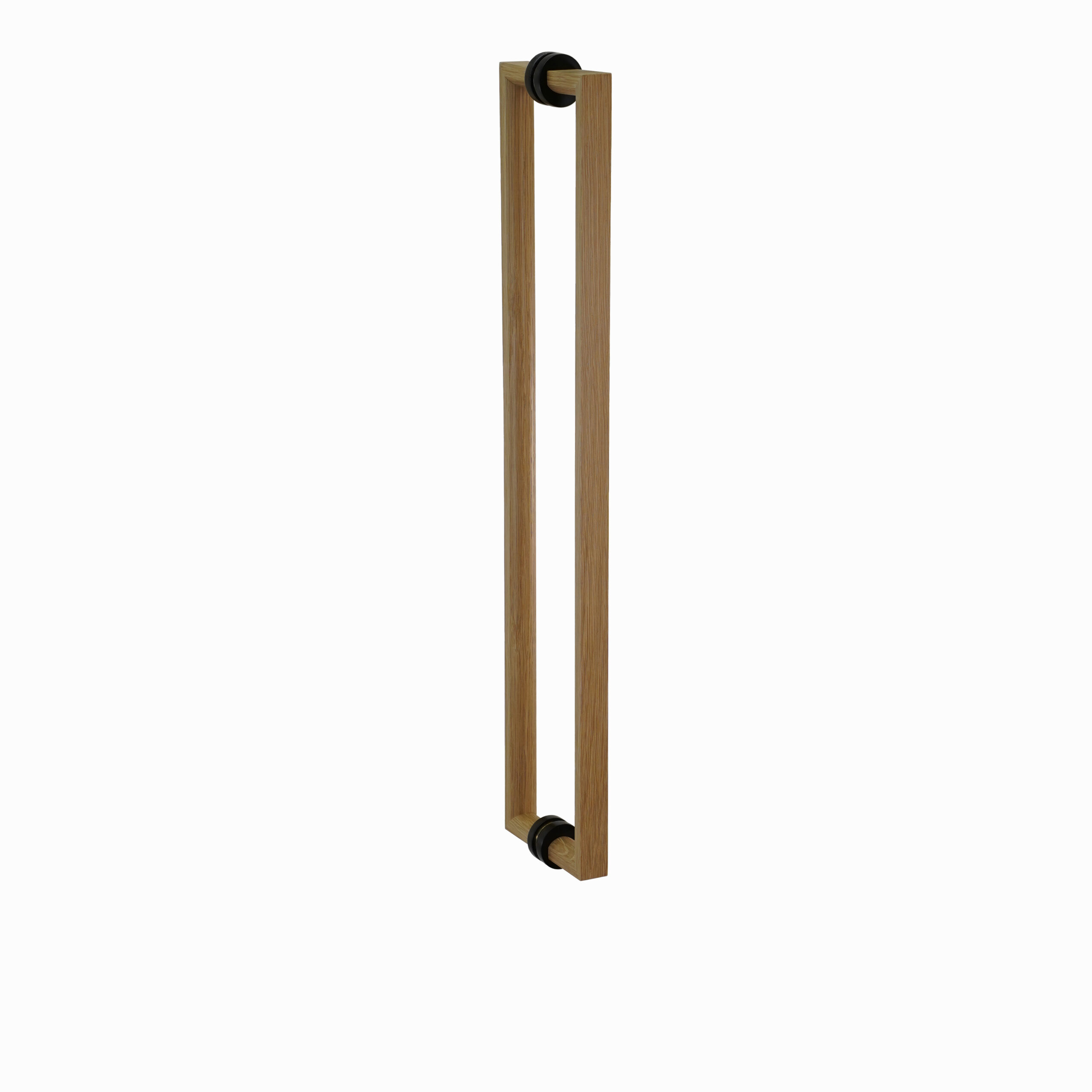 Back to back white oak wood door handle pair with matte black stainless backplates — D profile wide, studio view