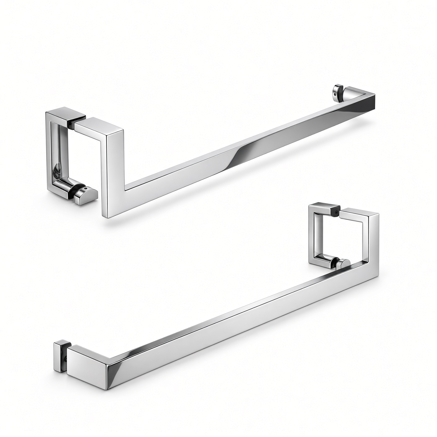 JWL J+U and L+U profile glass shower door handle and towel bar sets, stainless steel
