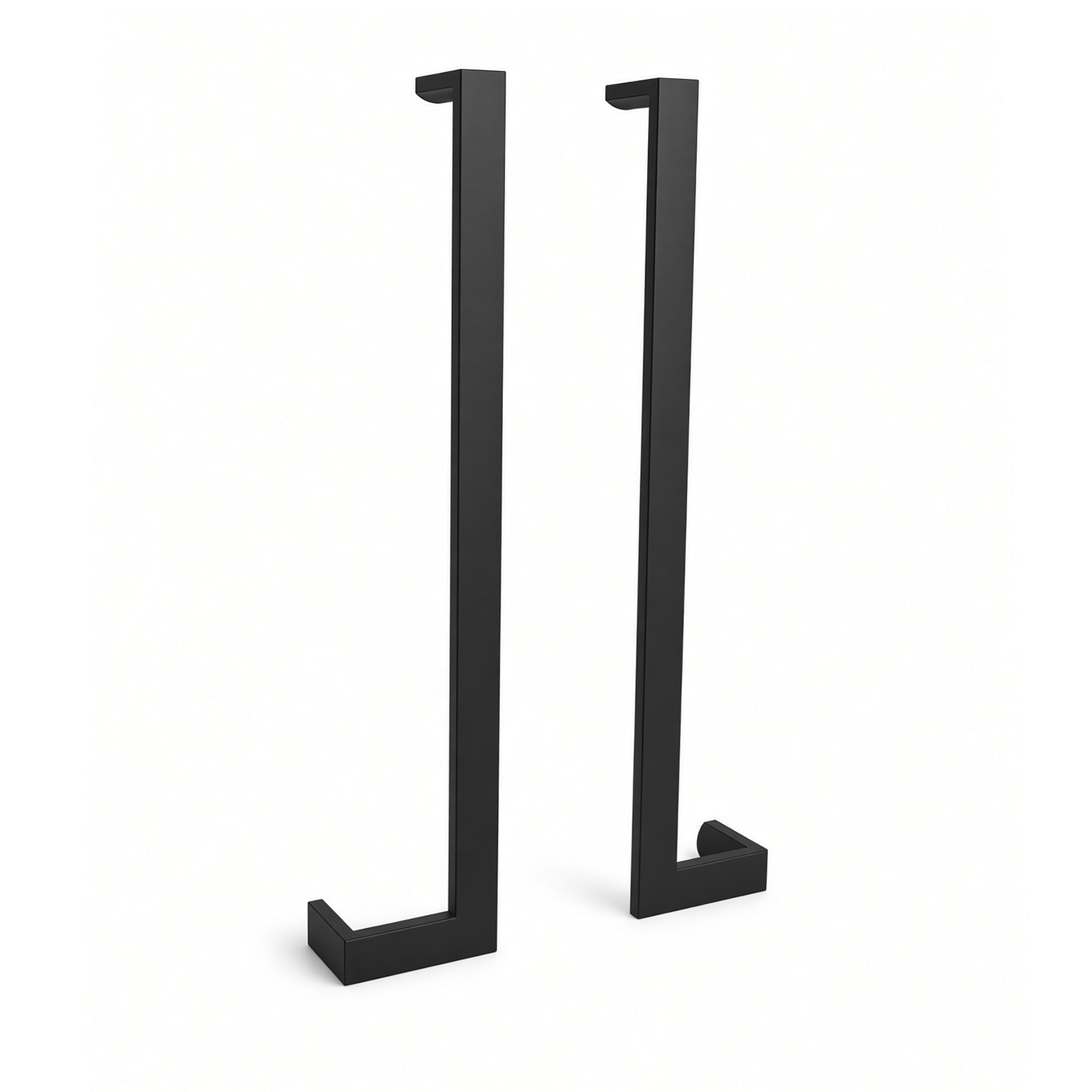 JWL J and L profile thru-bolt door handles in matte black, mirror profiles with squared ends