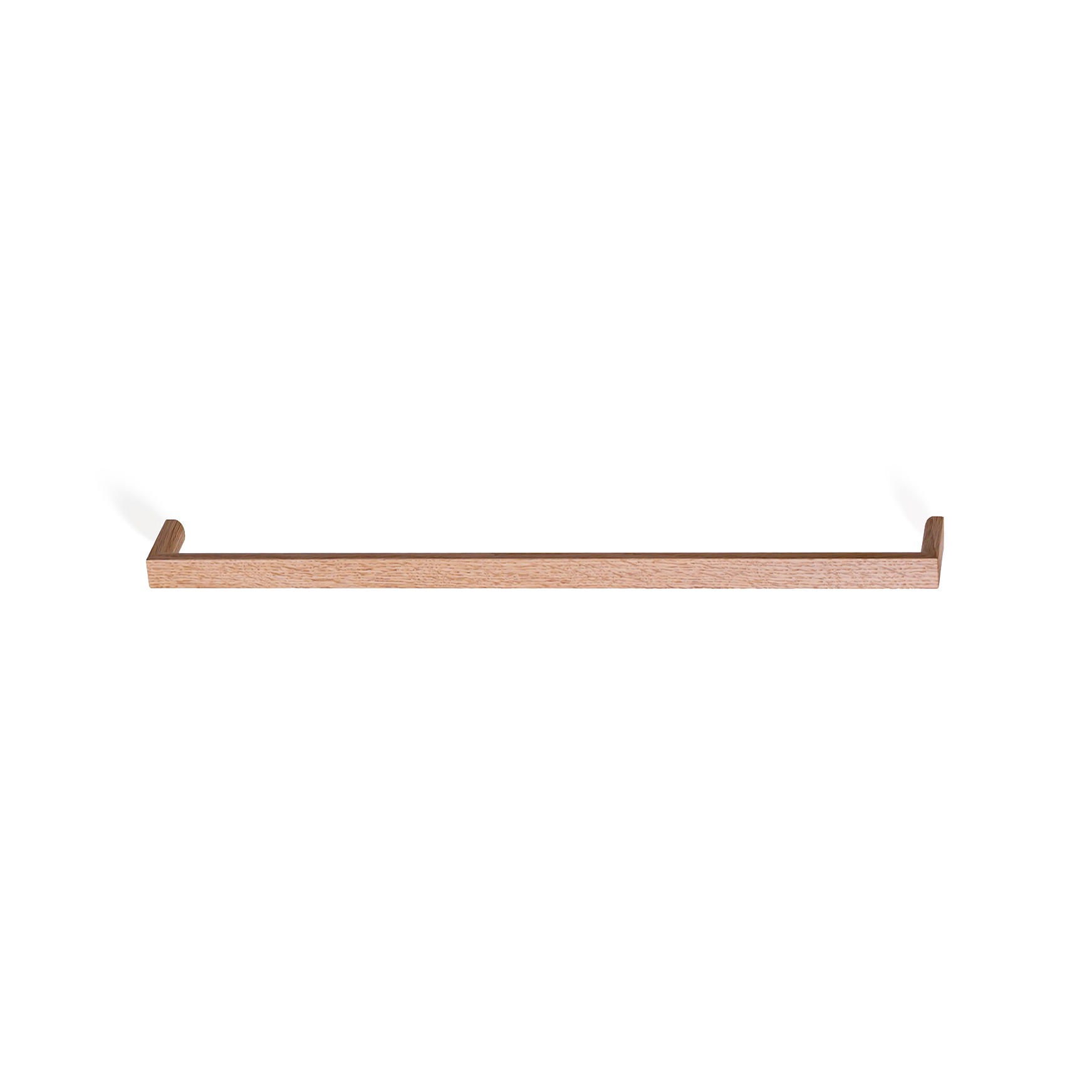 Solid white oak thru-bolt handle shown horizontally as a dishwasher panel handle, wide D profile, 24 inch